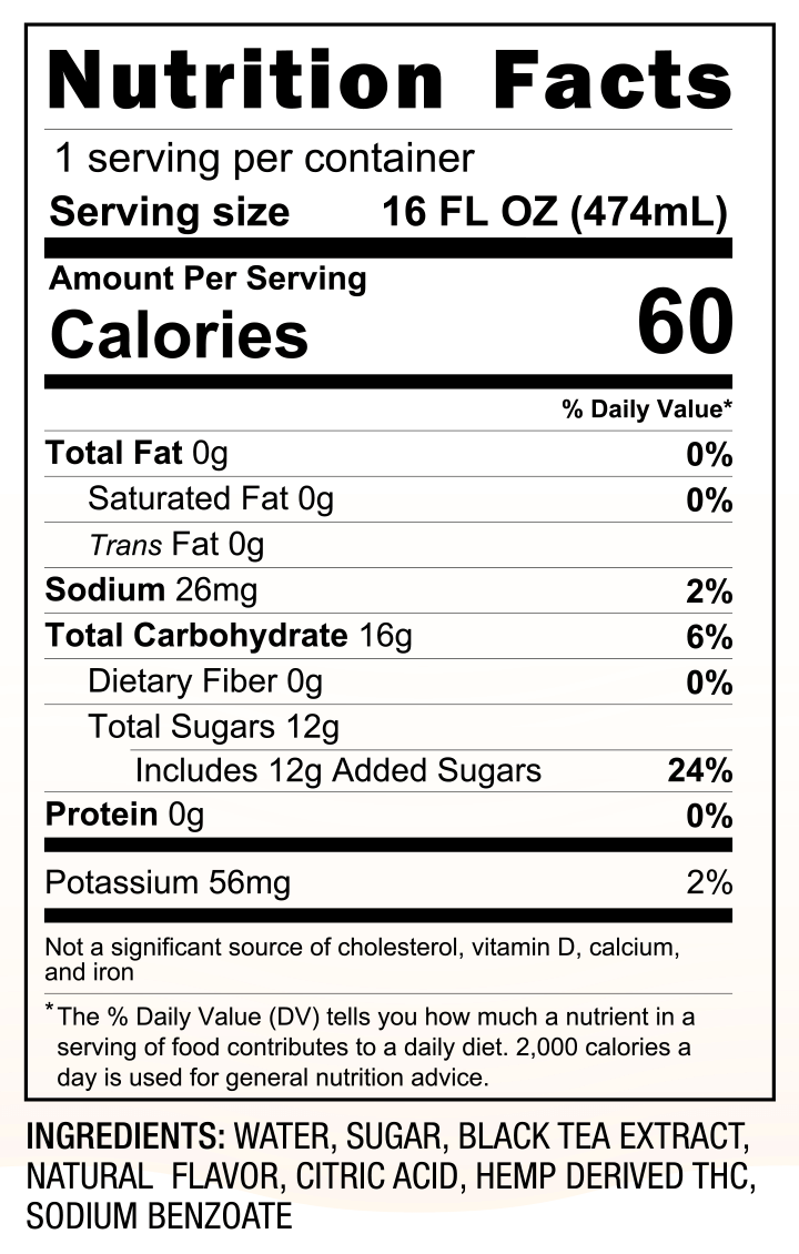 10mg THC Peach Iced Tea (16 oz) nutrition facts and ingredients