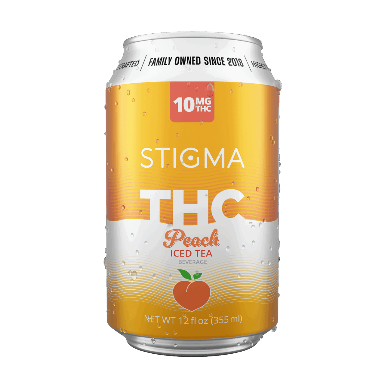 12oz can of Stigma THC Peach Iced Tea
