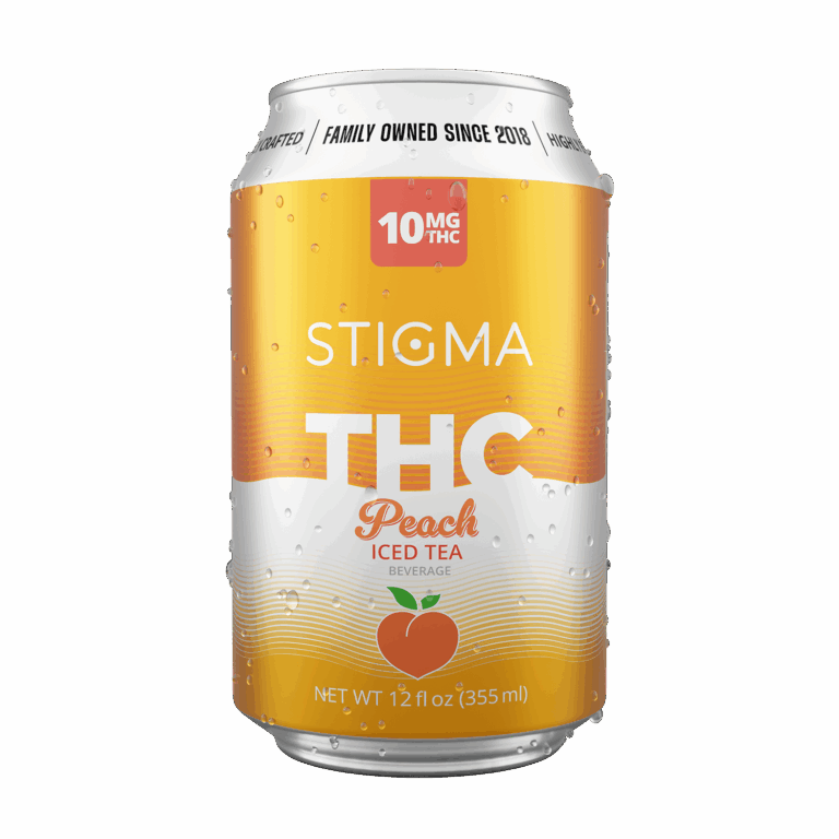12oz can of Stigma THC Peach Iced Tea